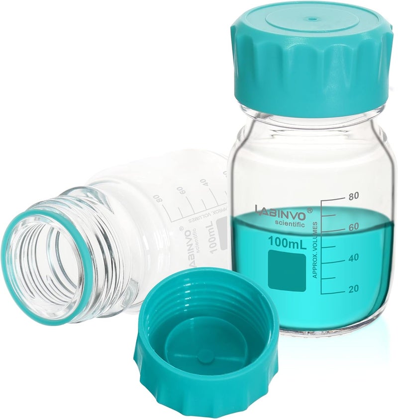 LINVO Glass Round Media Bottles, 4PCS of Vol.100ml Borosilicate Glass Reagent Storage Bottle with GL45 Screw Cap, IN-RB100A - Image 1